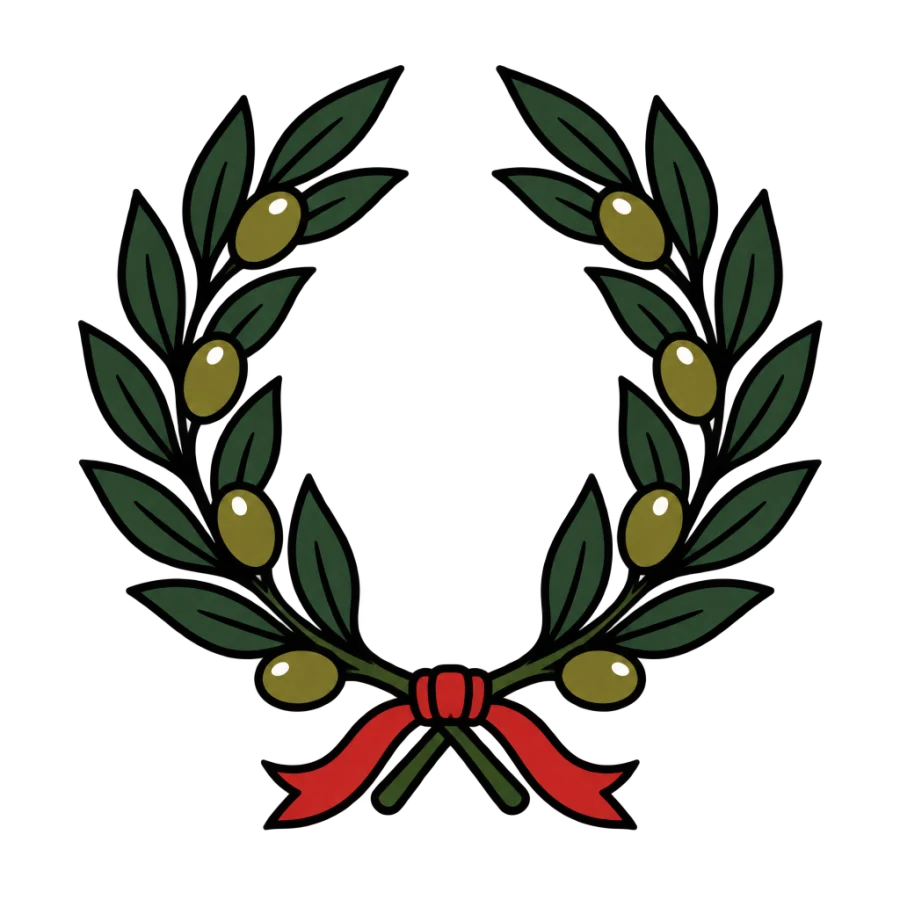 American traditional olive wreath tattoo of crossed branches tied with a ribbon