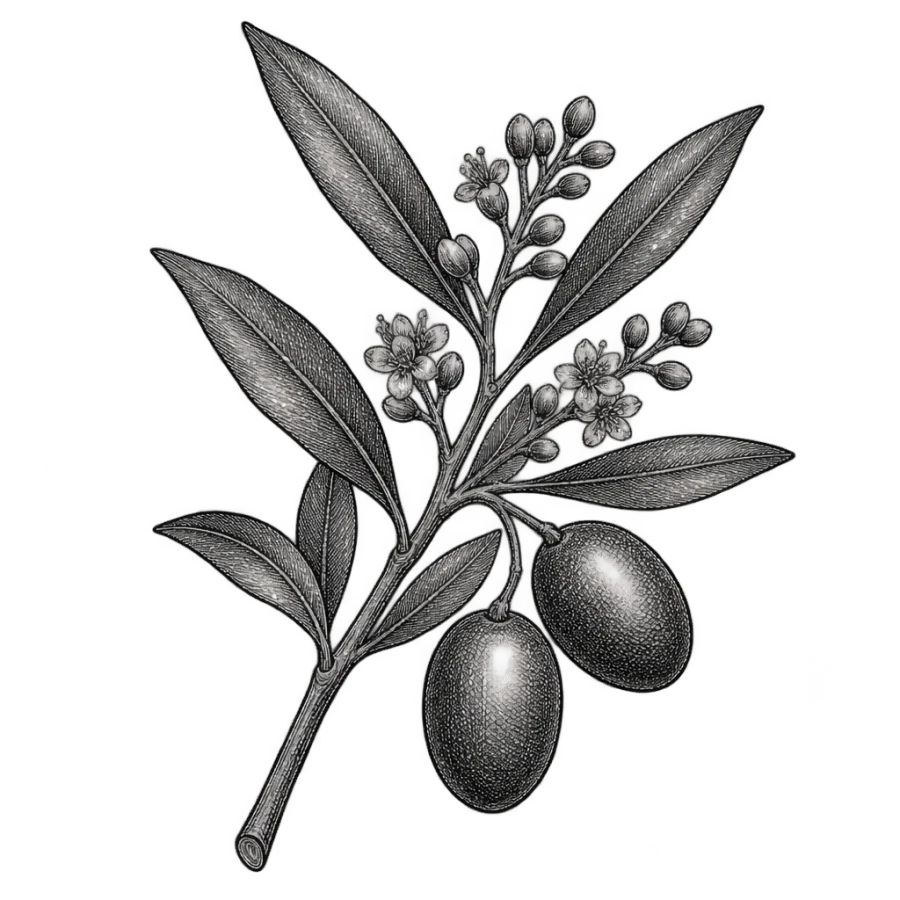 Engraved botanical olive branch tattoo with buds, leaves and two olives