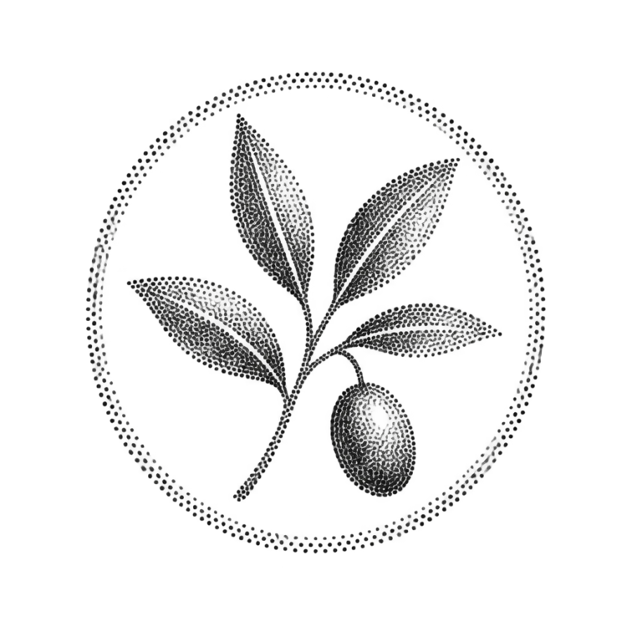 Dotwork stippled olive sprig tattoo inside a round medallion, no outlines