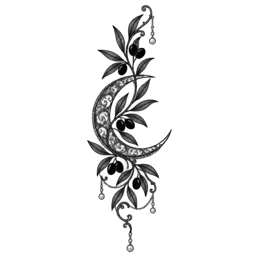 Ornamental filigree olive branch tattoo winding around a slender crescent moon