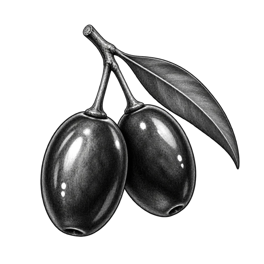 Black and grey realism tattoo of two ripe olives on a short stem