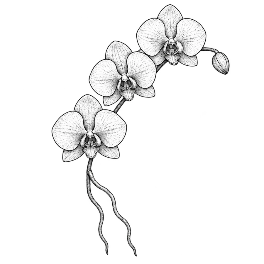 Fine line orchid tattoo design with an arching stem of three blooms