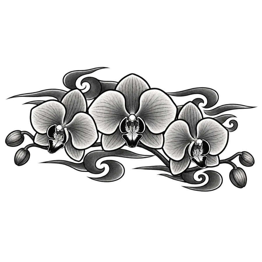Japanese irezumi orchid tattoo design as a wide band with wind bars