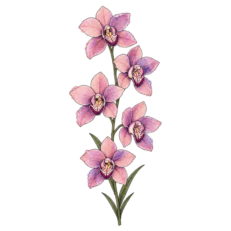 Watercolour orchid tattoo design with five blooms in blush and violet