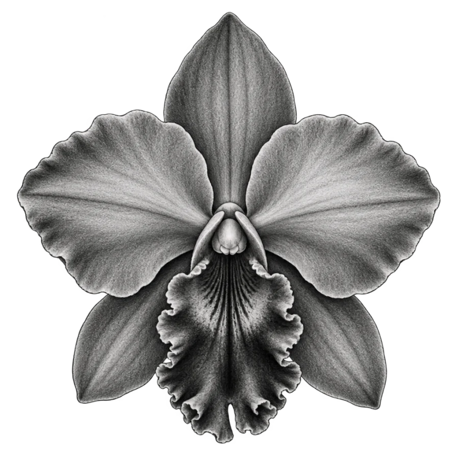 Black and grey realism orchid tattoo design of one velvety open bloom