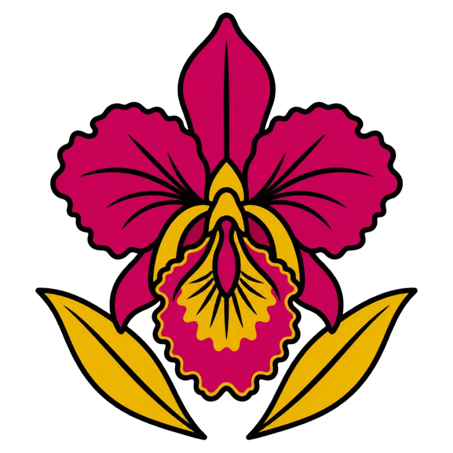 American traditional orchid tattoo design in flat magenta and gold ink
