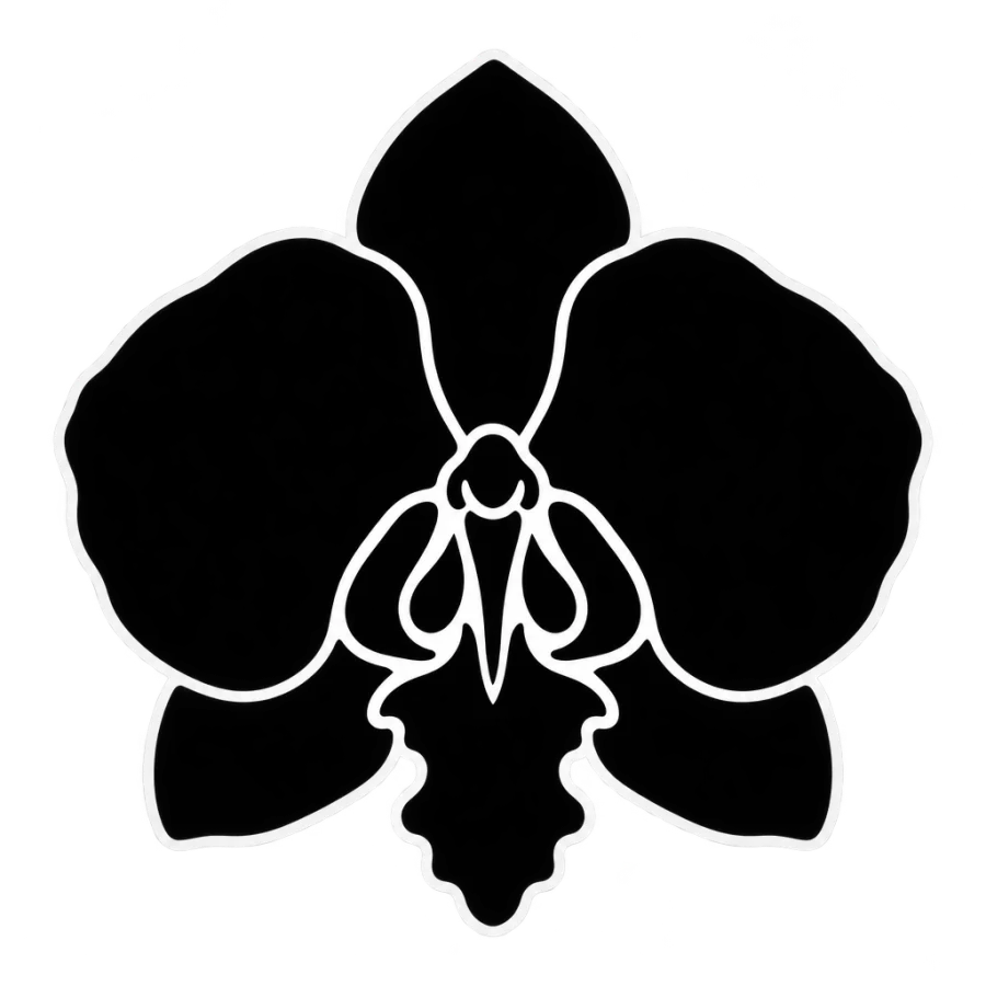 Blackwork orchid tattoo design in packed black with a white petal gap