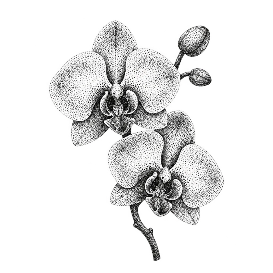 Dotwork orchid tattoo design built from stippled dots without any outline