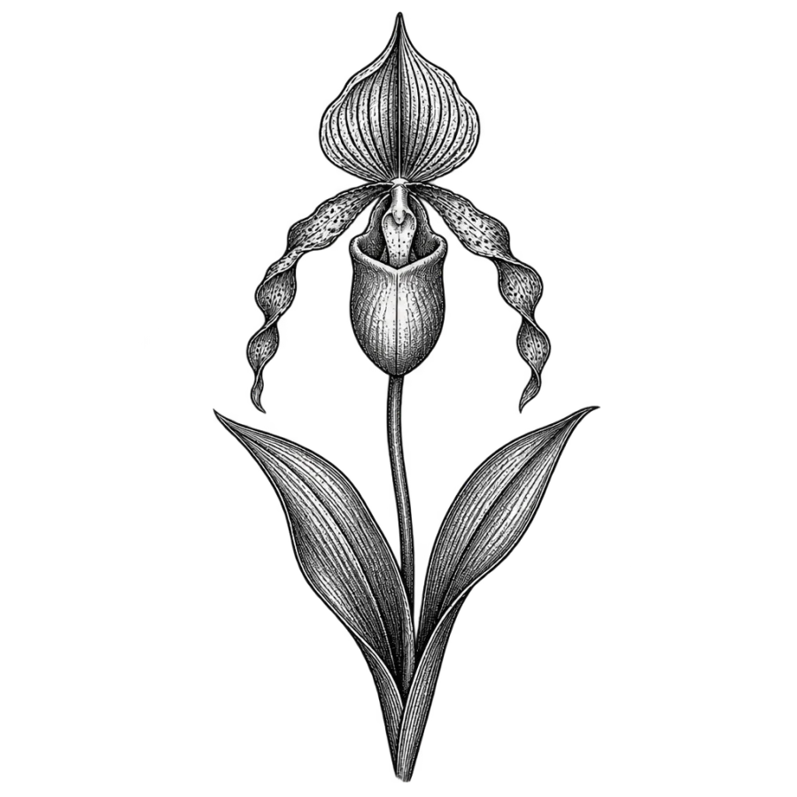 Engraved lady slipper orchid tattoo design drawn as a botanical plate