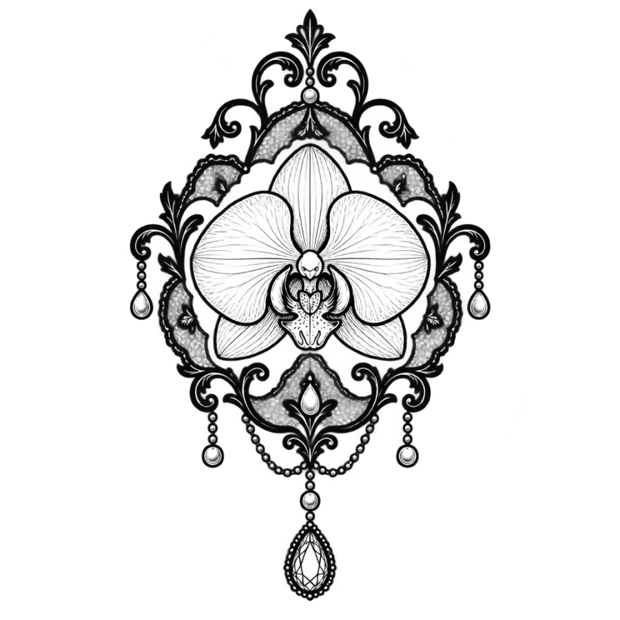 Ornamental filigree orchid tattoo design framed with pearls and a gem