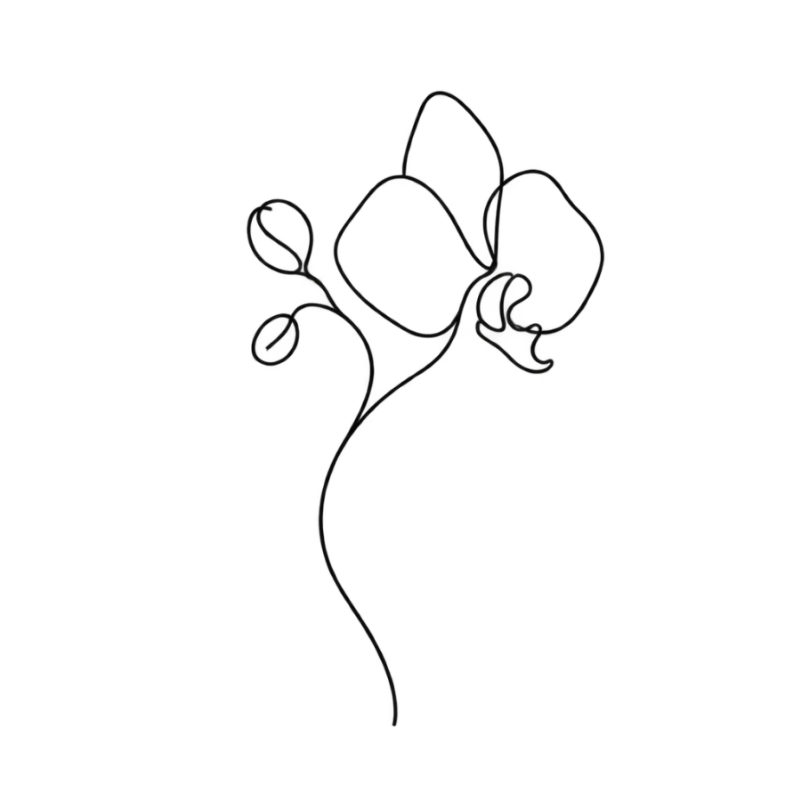 Minimalist single line orchid tattoo design on a bending bare stem