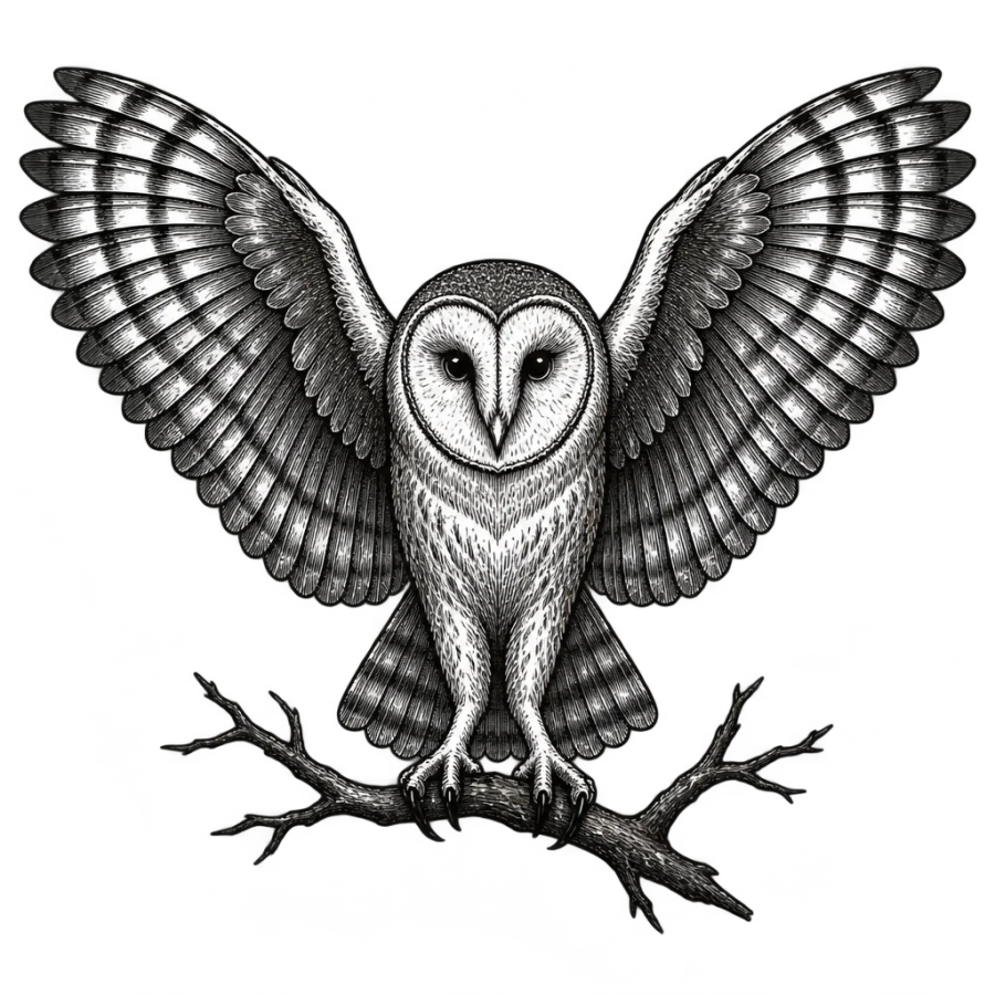 Engraved barn owl tattoo design with spread wings and hatched shading
