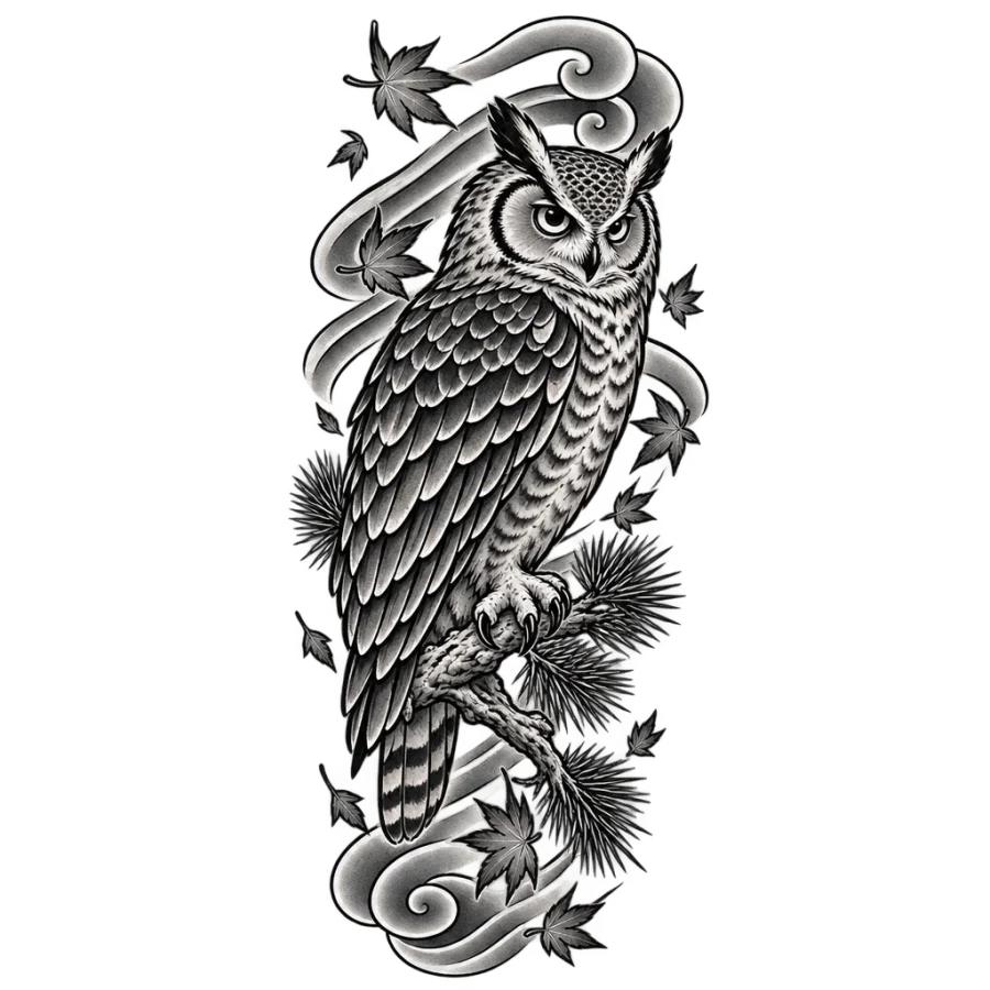 Owl tattoo design generated with AI Tattoo Lab