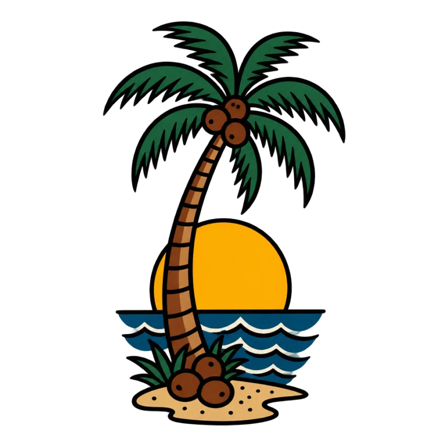 American traditional palm tree tattoo design with coconuts and a setting sun