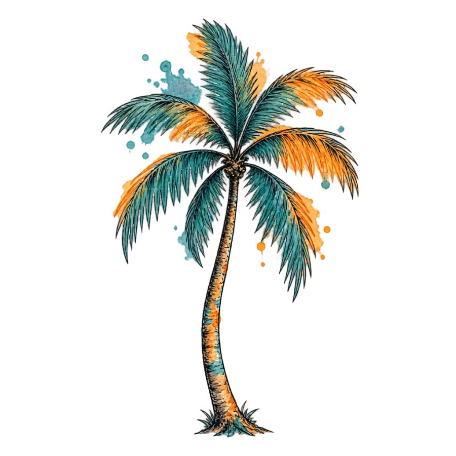 Watercolor palm tree tattoo design with turquoise and orange washes