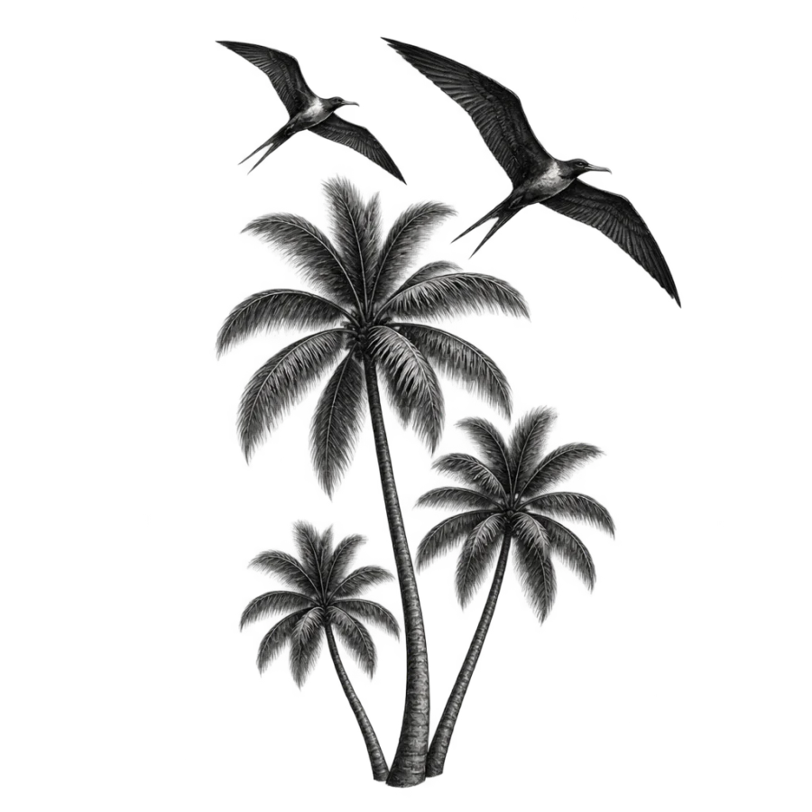 Black and grey realism tattoo of three small palms with gliding seabirds