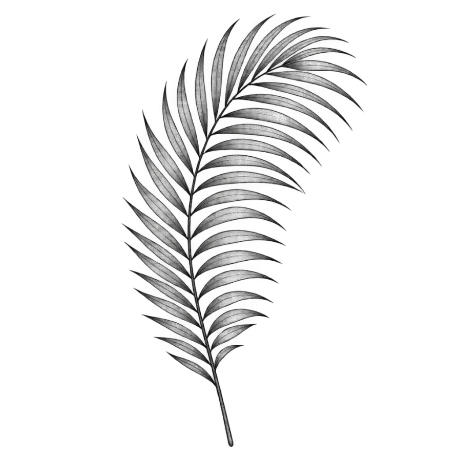 Fine line tattoo design of one arching palm frond in a tall column