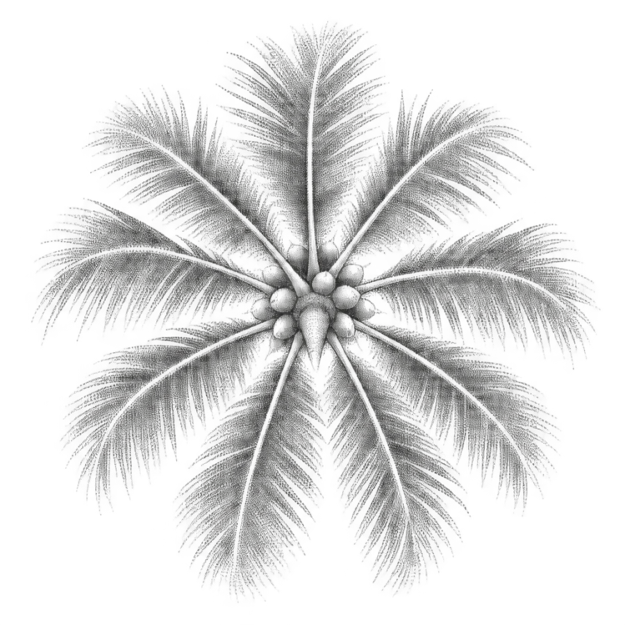 Dotwork palm tree tattoo design of a frond crown viewed from below