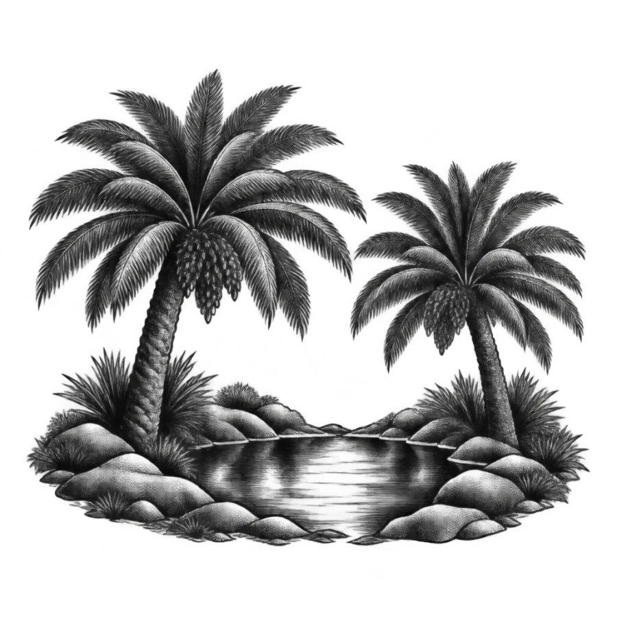 Woodcut engraving tattoo design of two date palms beside an oasis pool