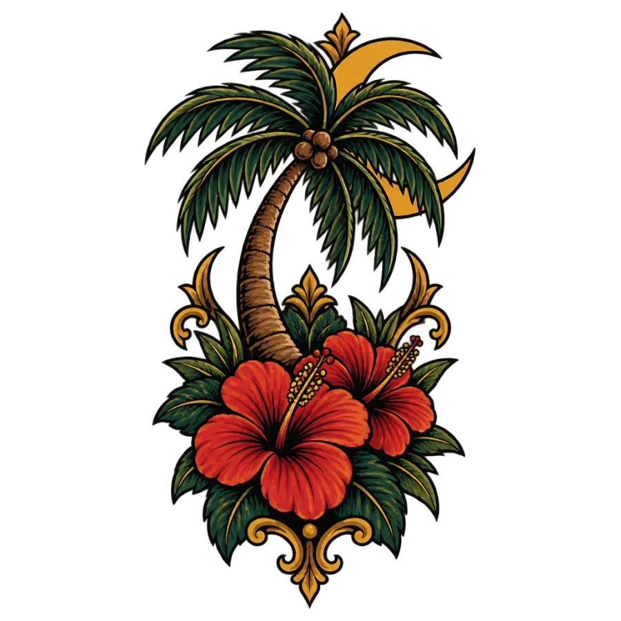 Neo traditional palm tree tattoo design with hibiscus blossoms and crescent moon