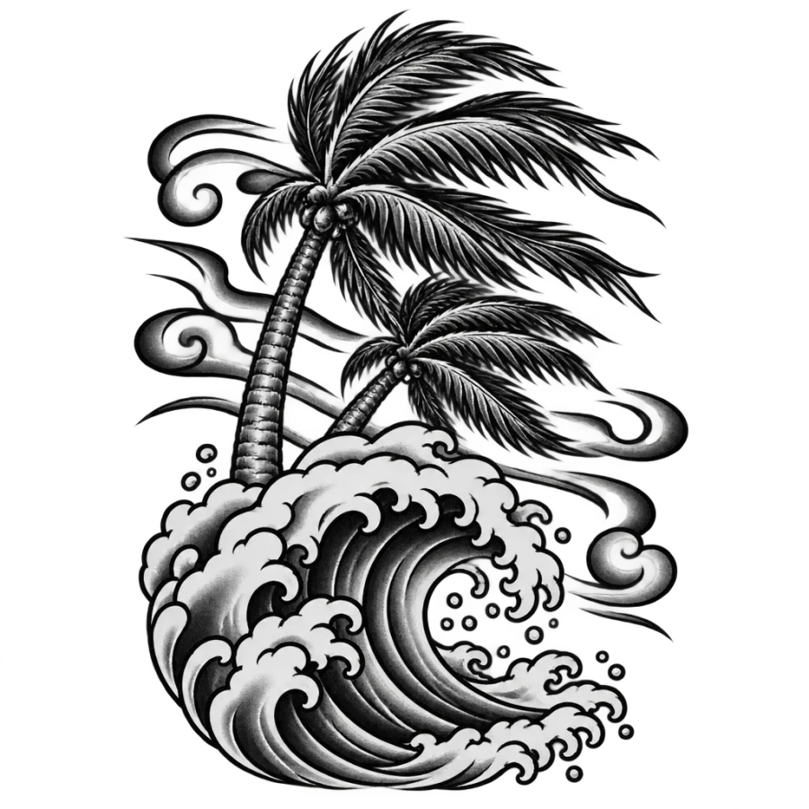 Japanese irezumi tattoo design of windblown palm fronds over a wave