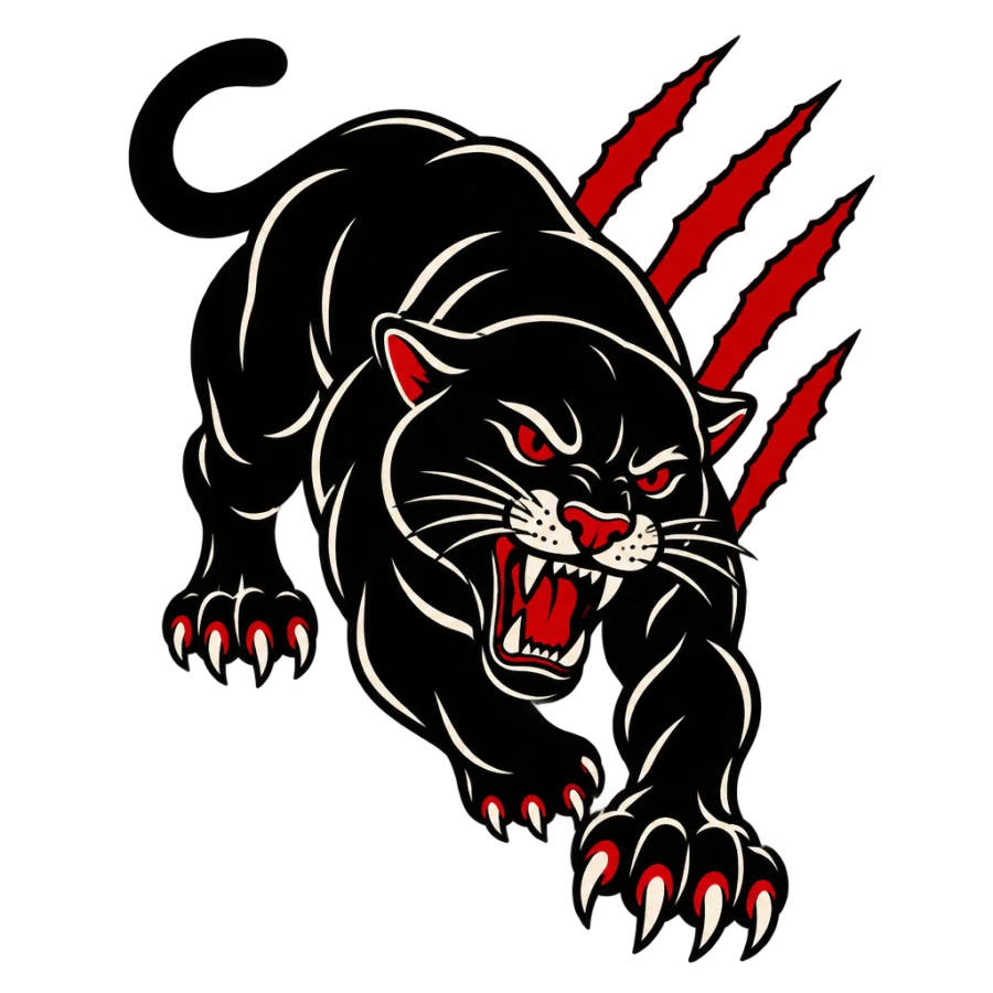 American traditional panther tattoo design crawling forward past torn claw marks