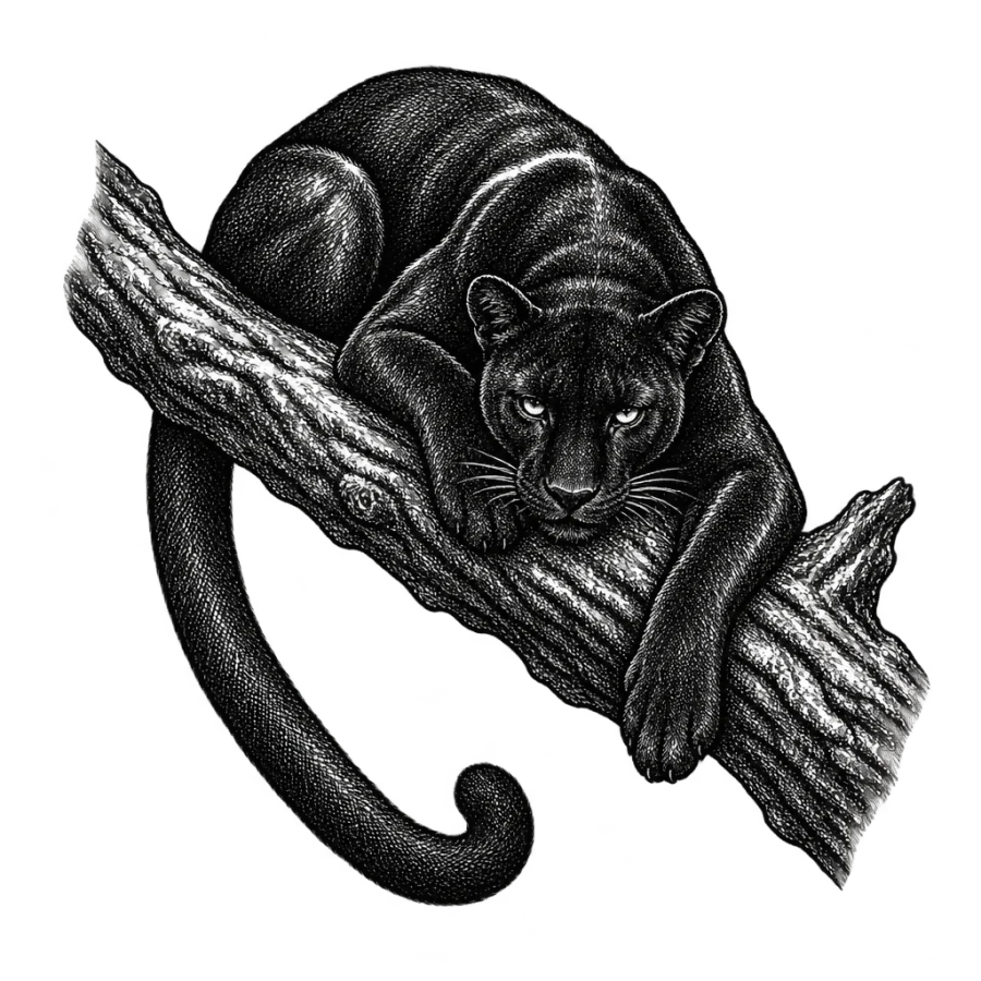Engraved panther tattoo design resting on a branch in dense hatching