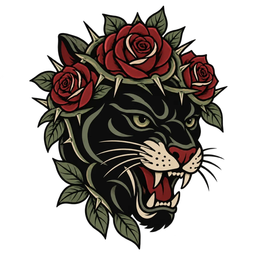 Neo traditional panther tattoo design wearing a crown of roses and thorns