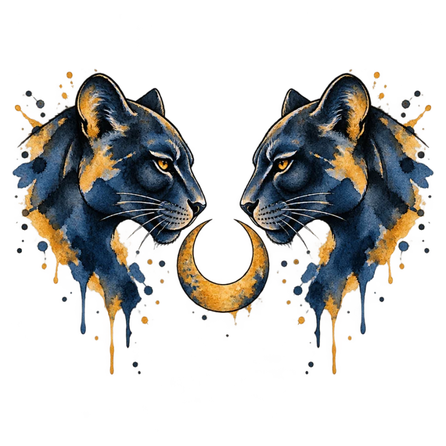 Watercolour panther tattoo design of two mirrored heads around a crescent moon