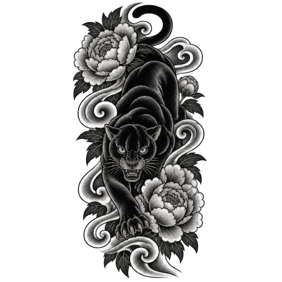Japanese irezumi panther tattoo design stalking through peony blossoms and wind