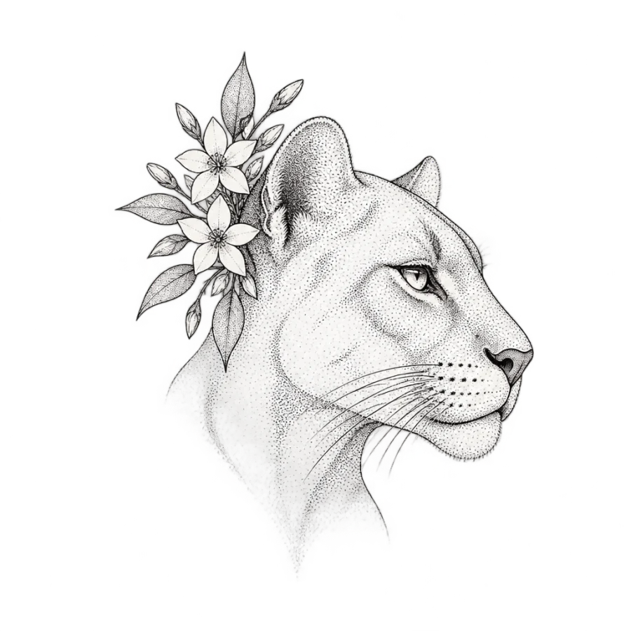 Fine line panther tattoo design in profile with a jasmine sprig