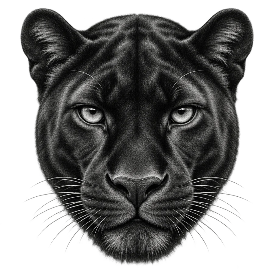 Black and grey realism panther tattoo design facing the viewer head on