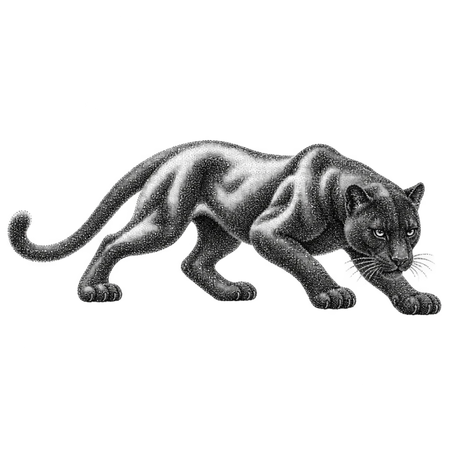 Dotwork panther tattoo design prowling in a wide band of graded stipple