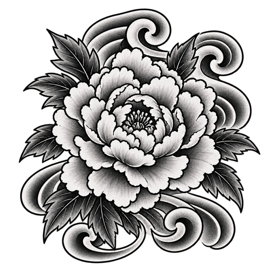 Japanese irezumi tattoo design of a large open peony with curling wind bars
