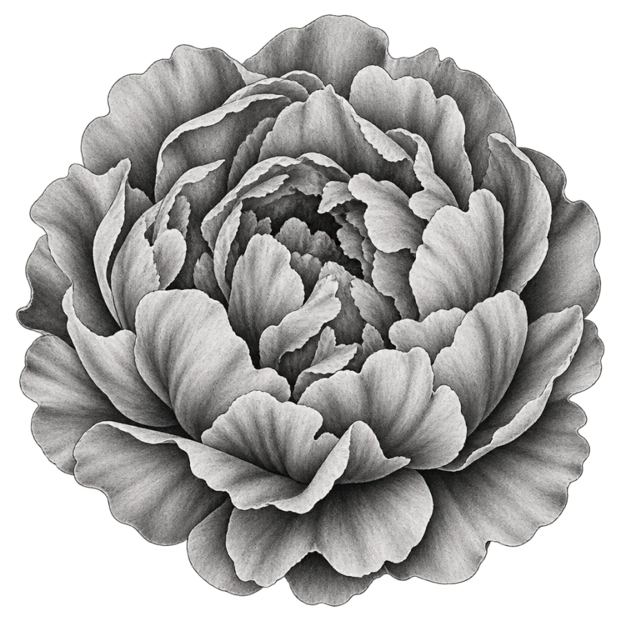 Black and grey realism tattoo design of layered peony petals in close crop