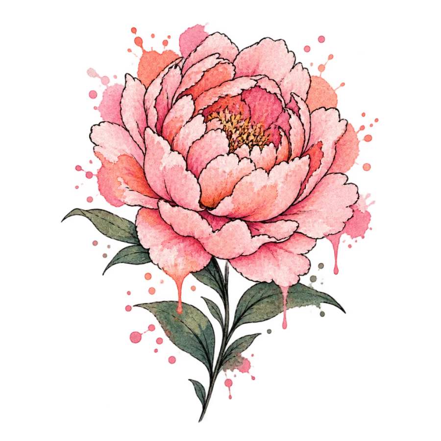 Watercolor tattoo design of a peony with pink and coral washes past its petals