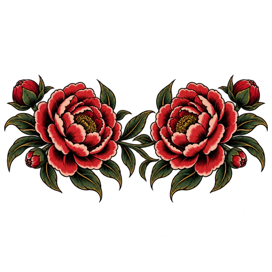 Neo traditional tattoo design of two facing peonies with buds and leaves