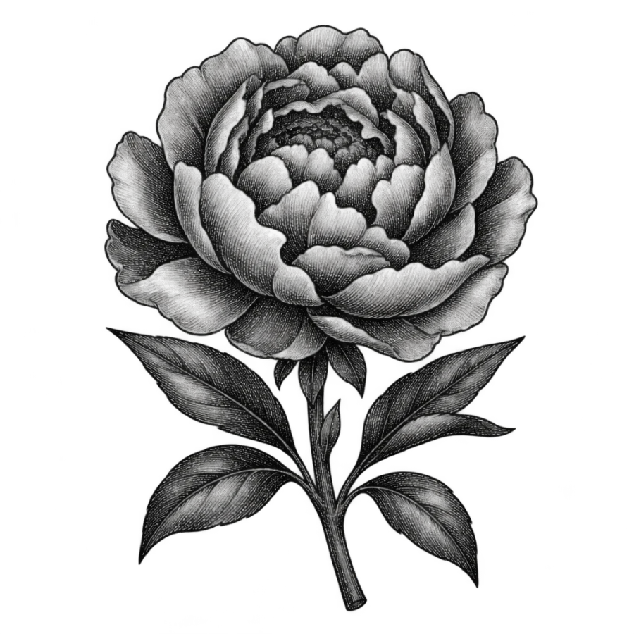 Engraved woodcut peony tattoo design with dense cross hatched petal folds