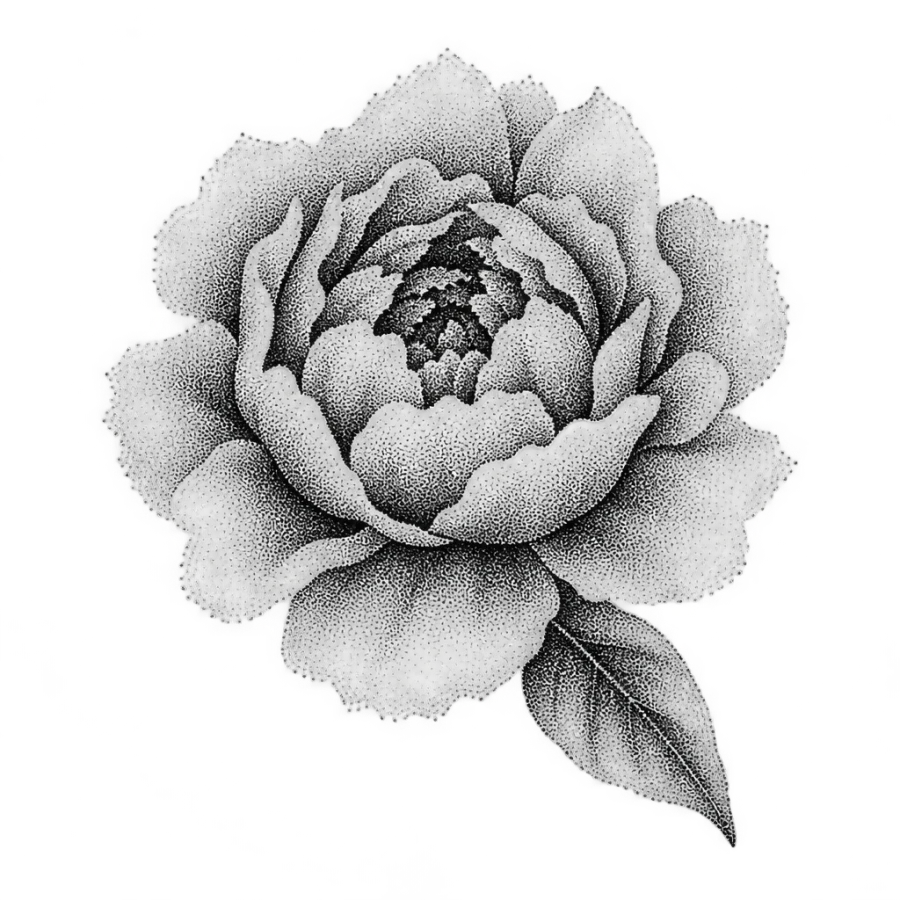 Dotwork peony tattoo design built entirely from stippled dots, no outline