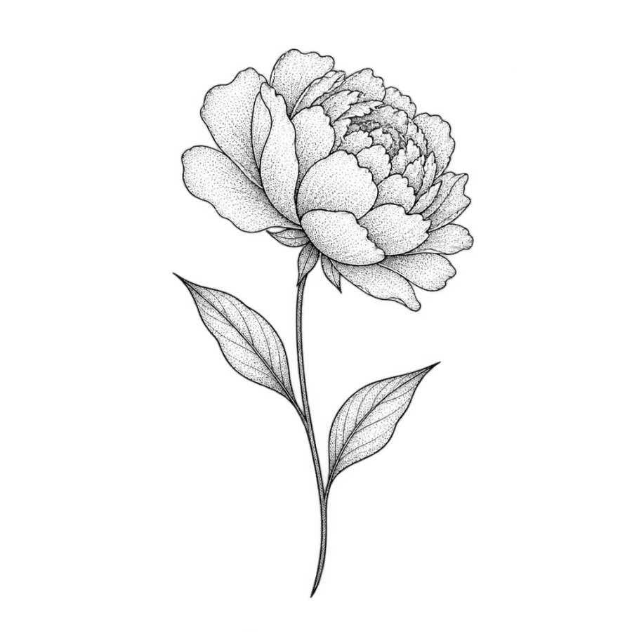 Fine line tattoo design of a single peony bloom on a slender leafy stem