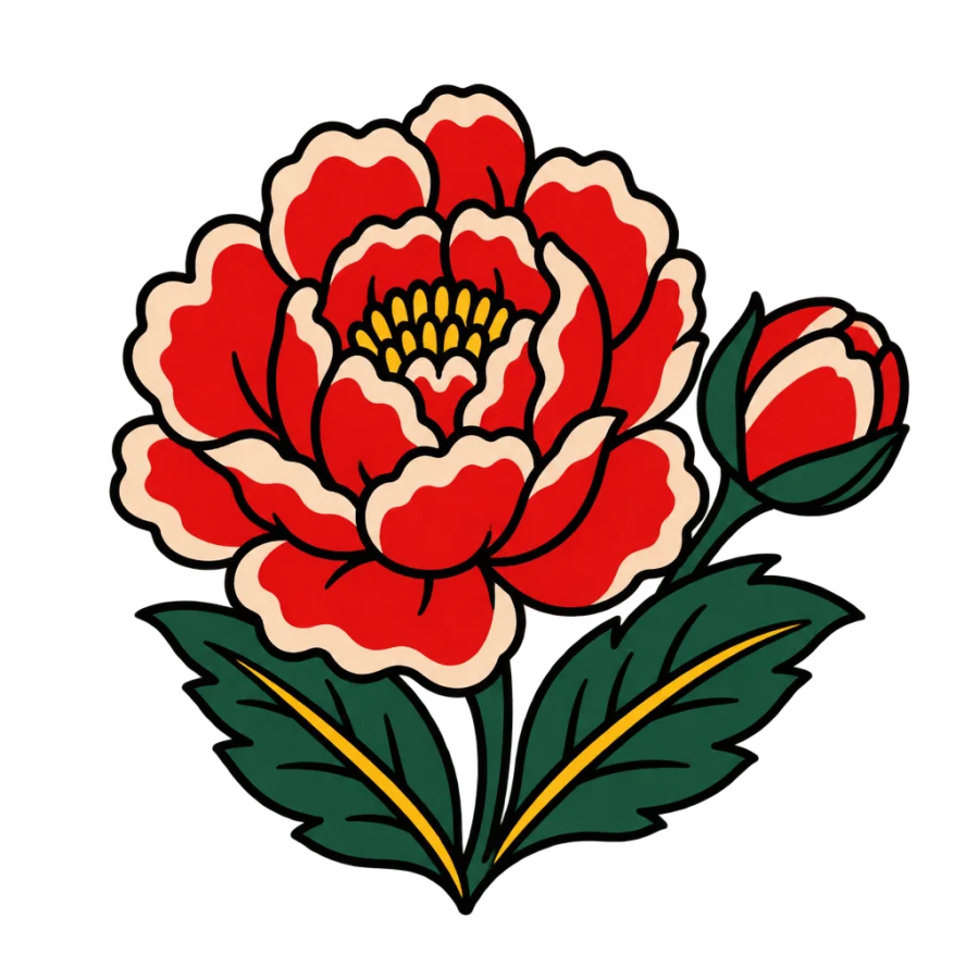 American traditional tattoo design of an open peony with a bud and leaves