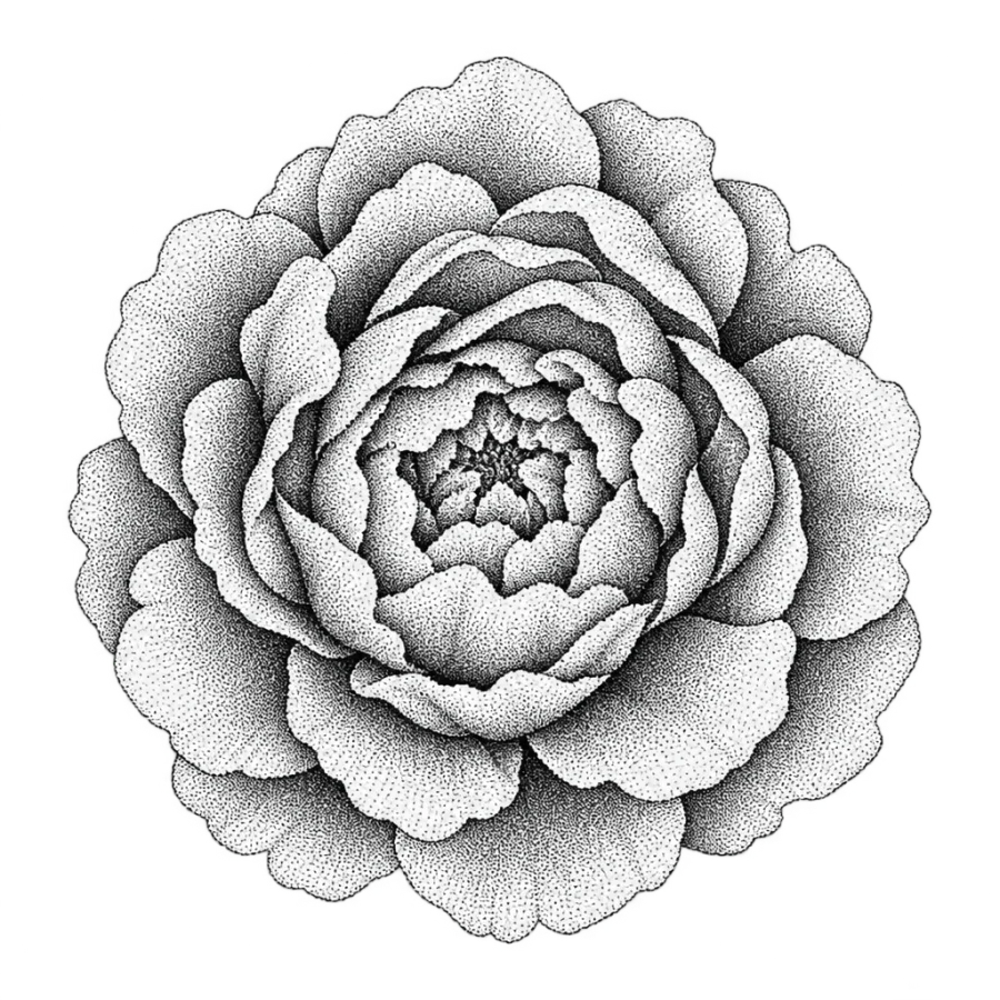 Dotwork stippled tattoo design of a peony seen from above with spiralling petals