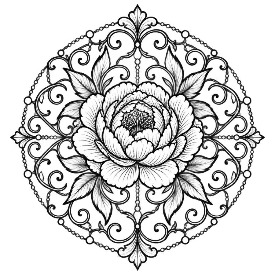 Ornamental filigree tattoo design of a peony medallion with lace scroll leaves