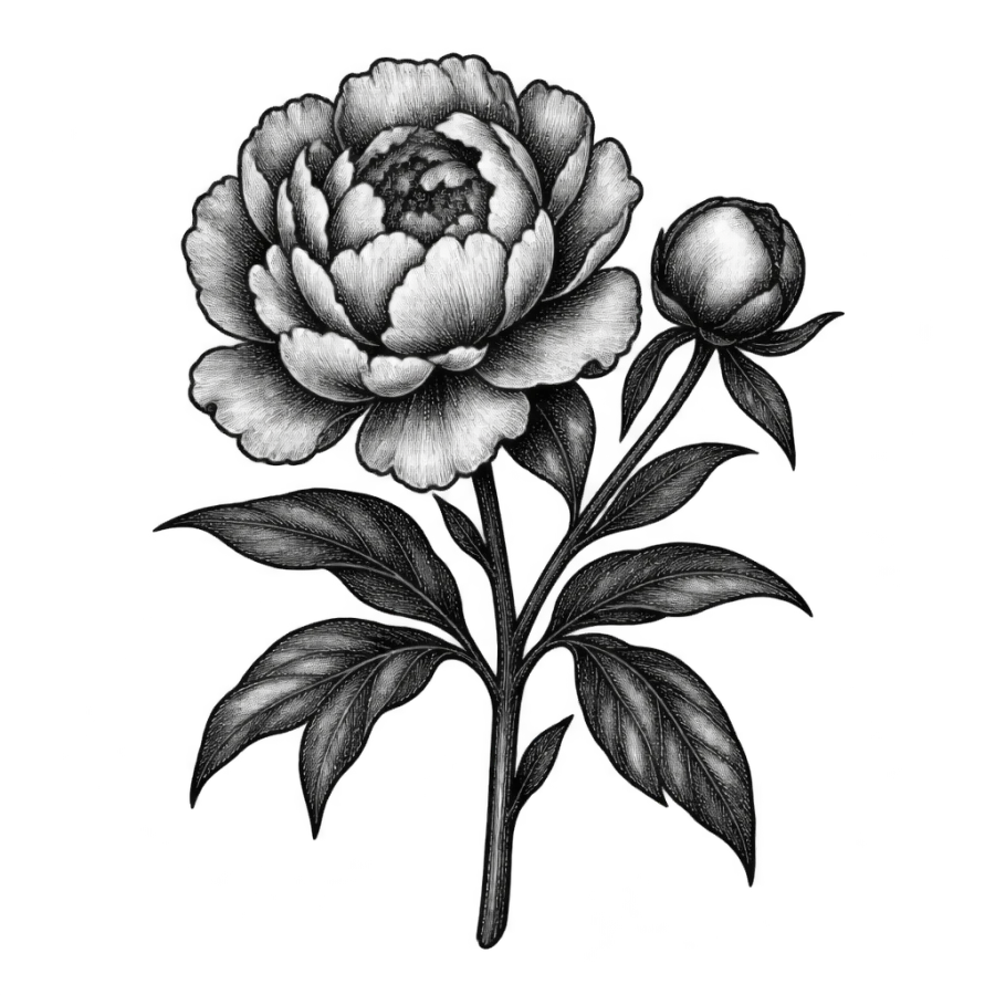 Engraving style tattoo design of a botanical peony with bloom bud and stem