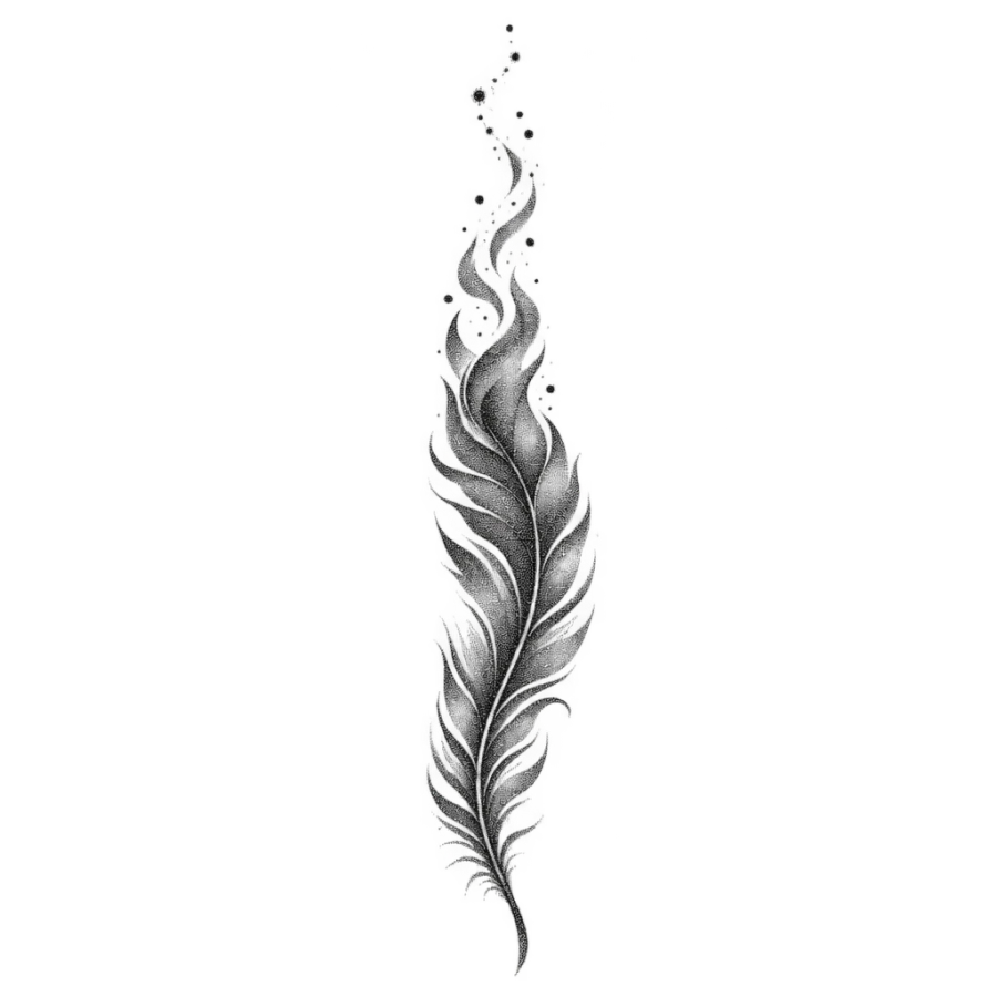 Dotwork tattoo design of a phoenix tail feather with rising embers