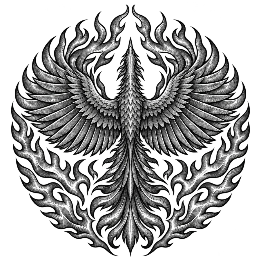 Engraved woodcut tattoo design of a phoenix medallion seen from above
