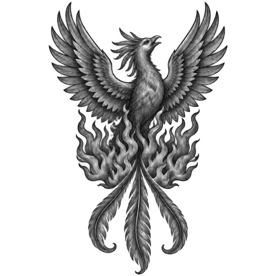 Engraved phoenix tattoo rising from flames with long tail plumes