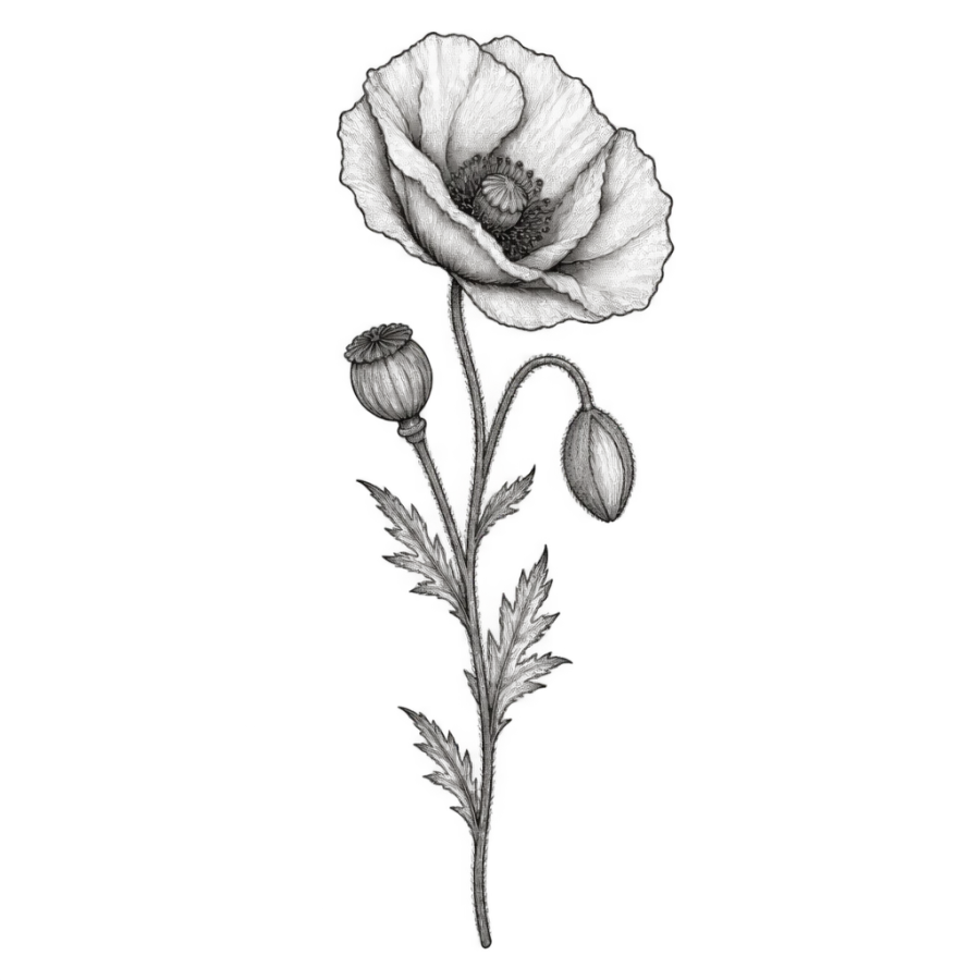 Fine line poppy tattoo design with an open bloom, bud and seed pod