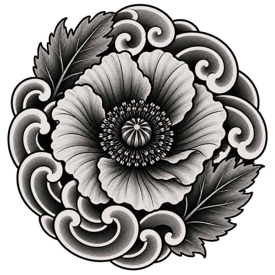 Japanese irezumi poppy tattoo design seen from above with curling wind bars