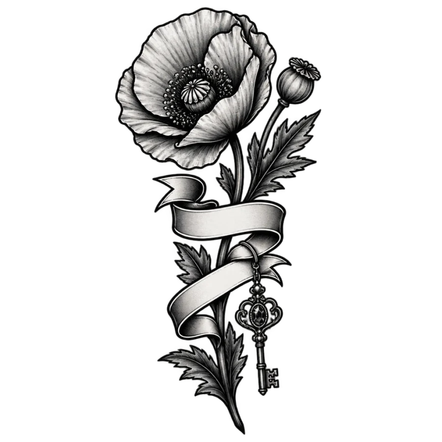 Neo traditional poppy tattoo design with a curling banner and small key